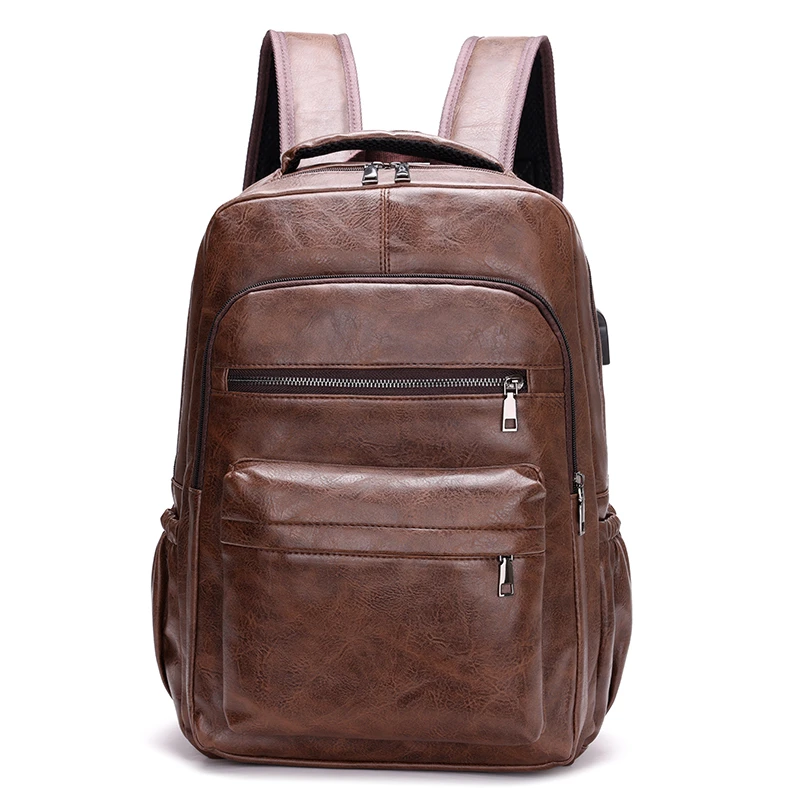 new style Fashion Man PU brown Leather Waterproof bag woman College casual laptop backpack With USB