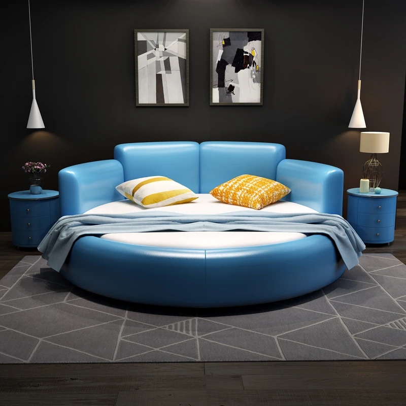 Genuine leather king size round bed double bed wedding bed modern and minimalist home level hotel master bedroom furniture