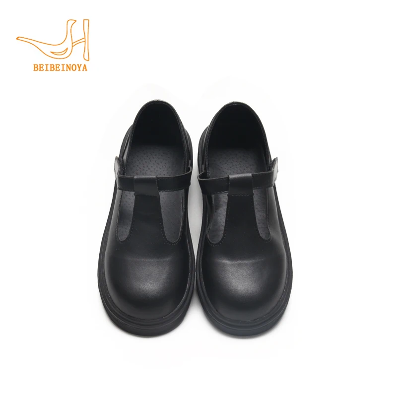 Babyhappy New Design School Shoes  Children Uniform Performance Full Black Leather T-bar School Student Shoes