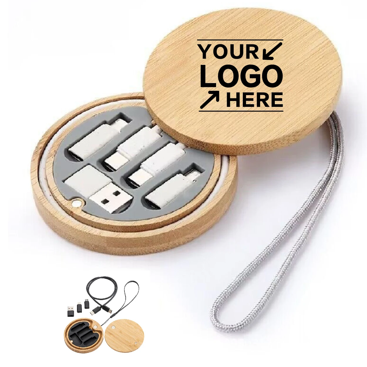 Eco-Friendly Bamboo Charging Kit with Multiple USB Adapters and Cables, Compact and Portable for Travel and Daily Use