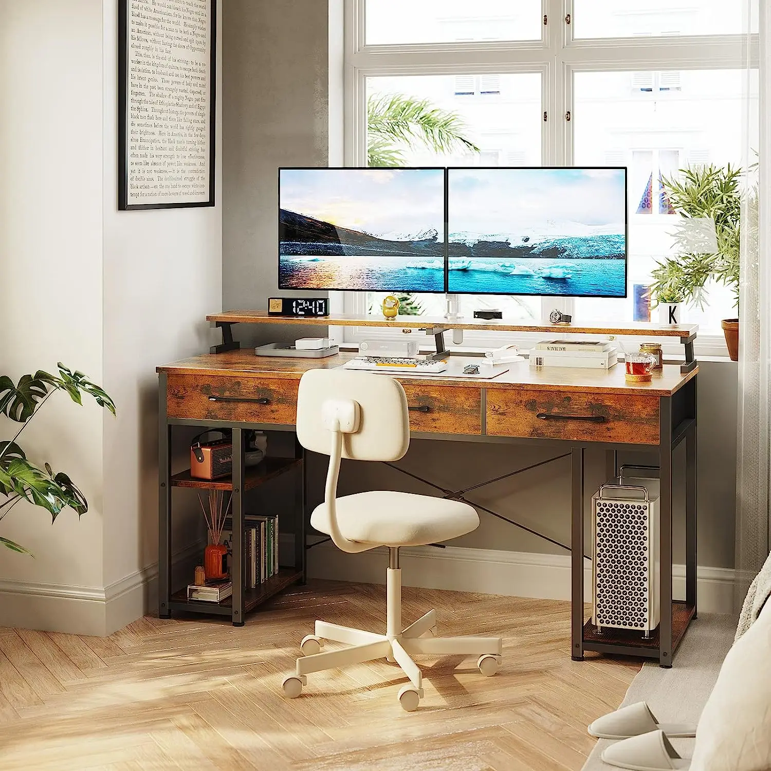 Ikegao 202355 inch Home Office Desk Modern Work Study Writing Table Desk Computer Desk with Drawers and Storage Shelves