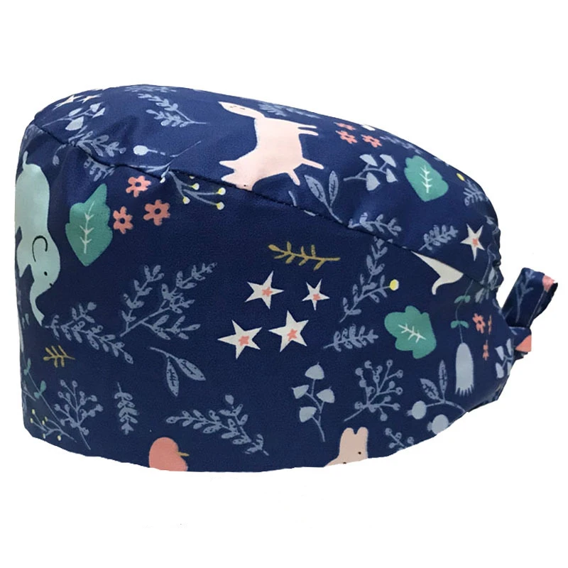 Оптовая продажа, шапки для медсестер, хлопковая шапка с цветочной атласной подкладкой, женская шапка для волос с пуговицами и повязкой, унисекс, лабораторная шапка для мужчин