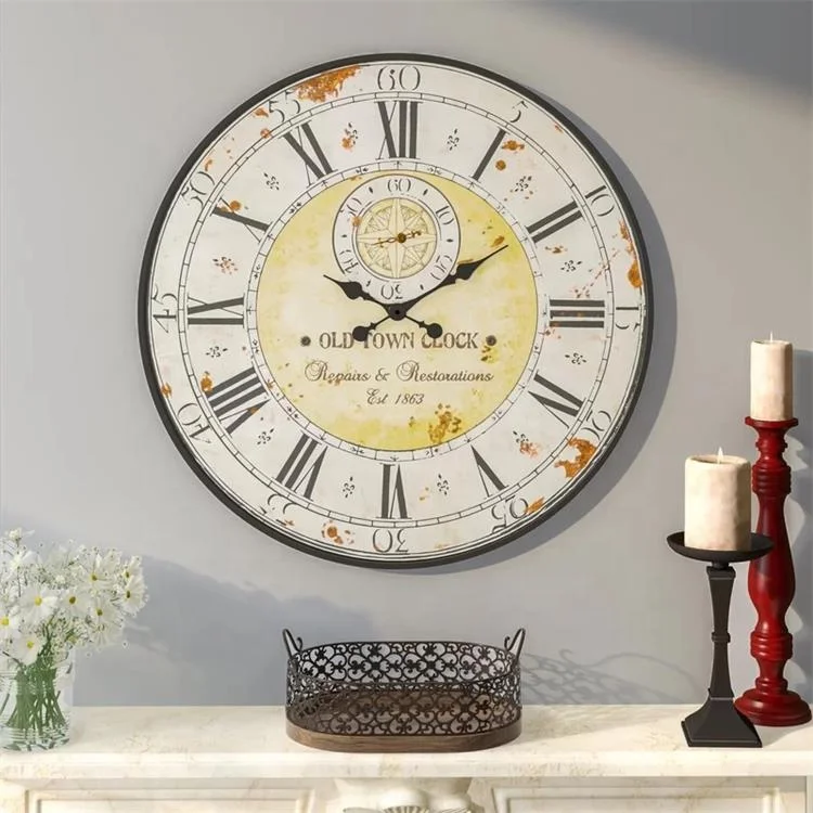 European Vintage Shabby Chic Home Decor Antique Oversized Metal Frame Round Classic Wall Clock