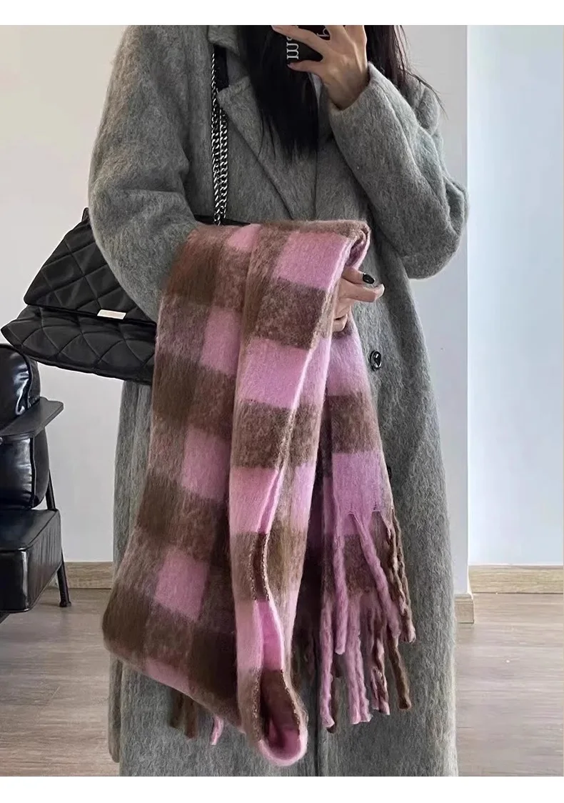 Blue scarf female winter senior sense Korean version of all students mohair checkered bib cape