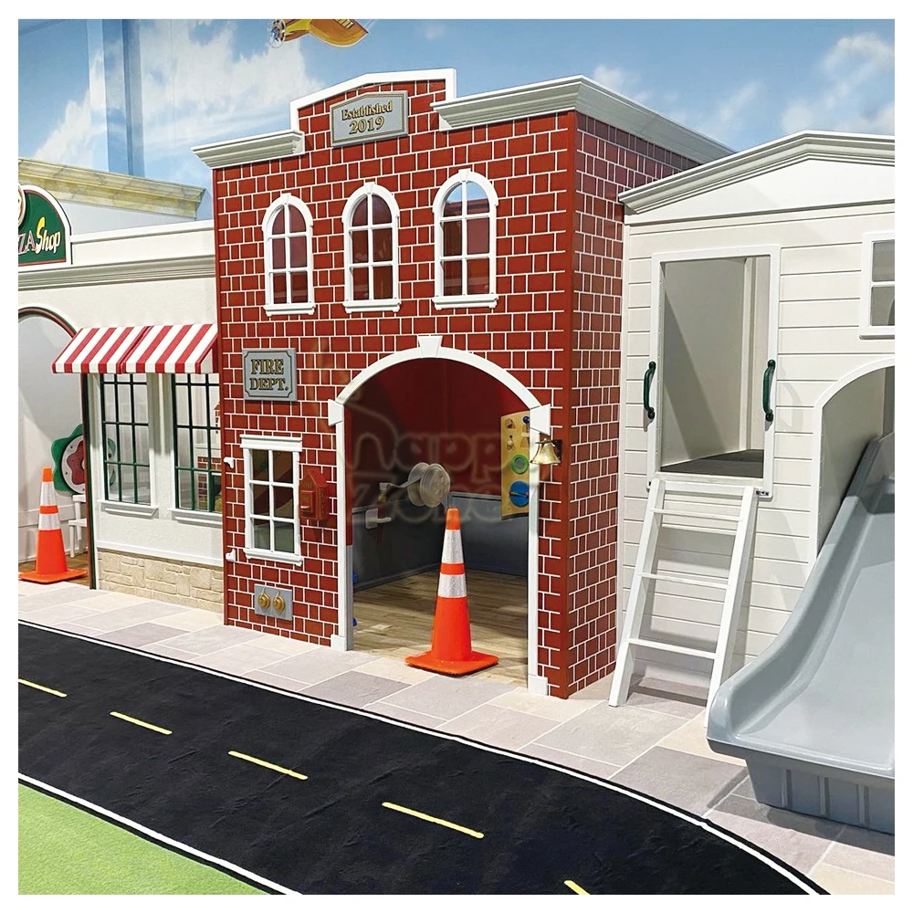 Customized Pretend Indoor Play Area kids role play house fire station with truck, vehicle for Kids Role-playing Corner Games