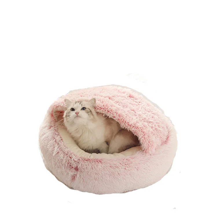 Cat Bed Round Plush Fluffy Hooded Calming Cat Cave Nest with Non-collapsed Cover