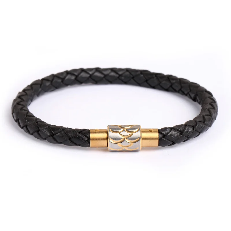 Classic style 6mm thin plain stainless steel braid black leather magnetic bracelets