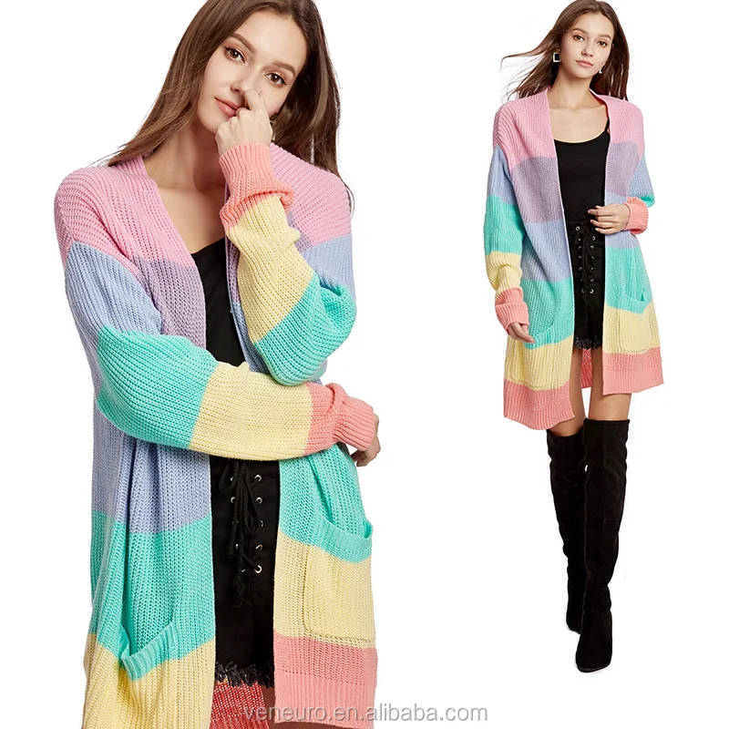 Wholesale fashion style women rainbow color overcoat knitted cardigan