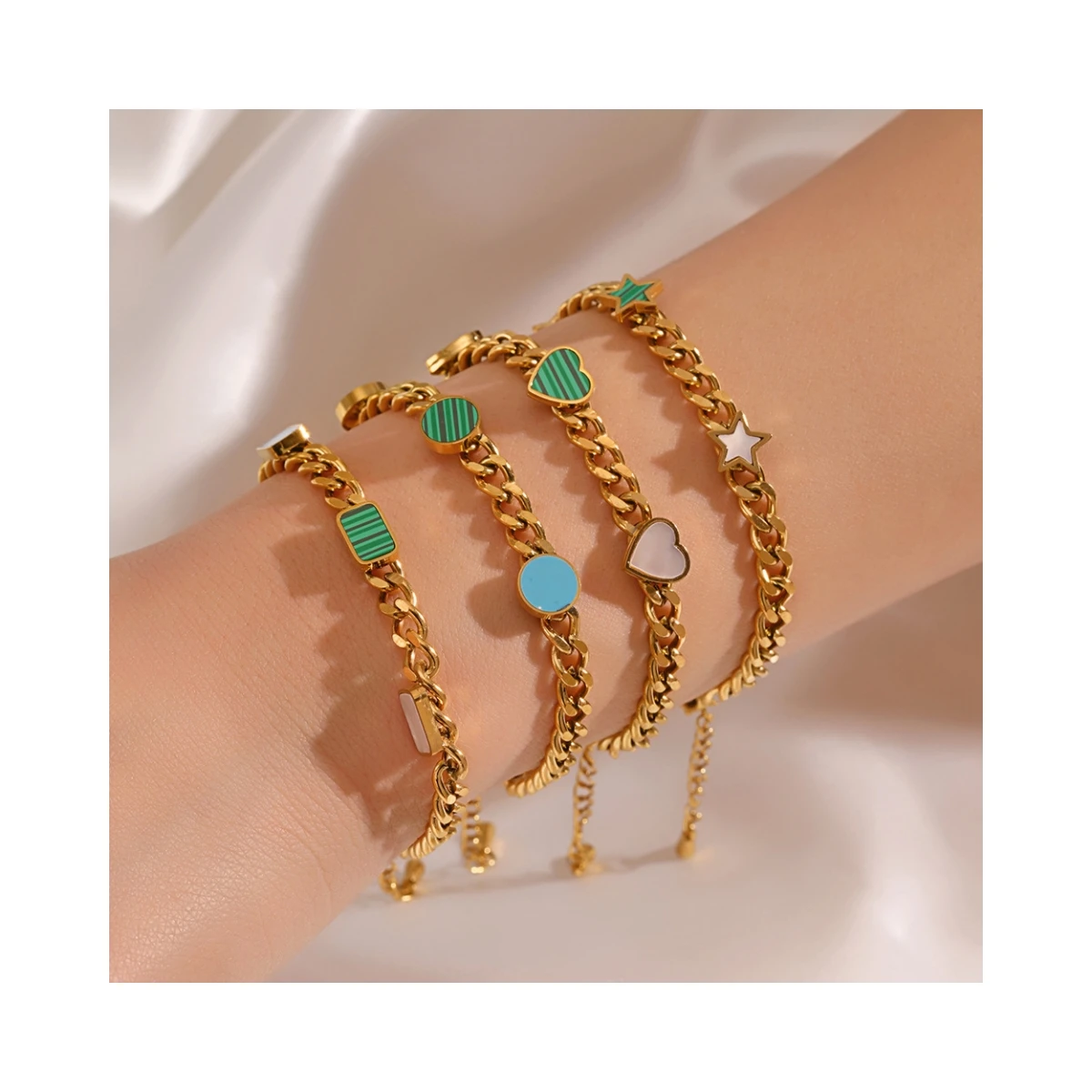 HP fashion stainless steel heart bracelet Malachite inlay adjustable cuban chain bracelet gold plate women
