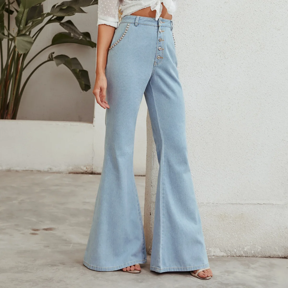 
High Waist Button Up Flare Hem Jeans 