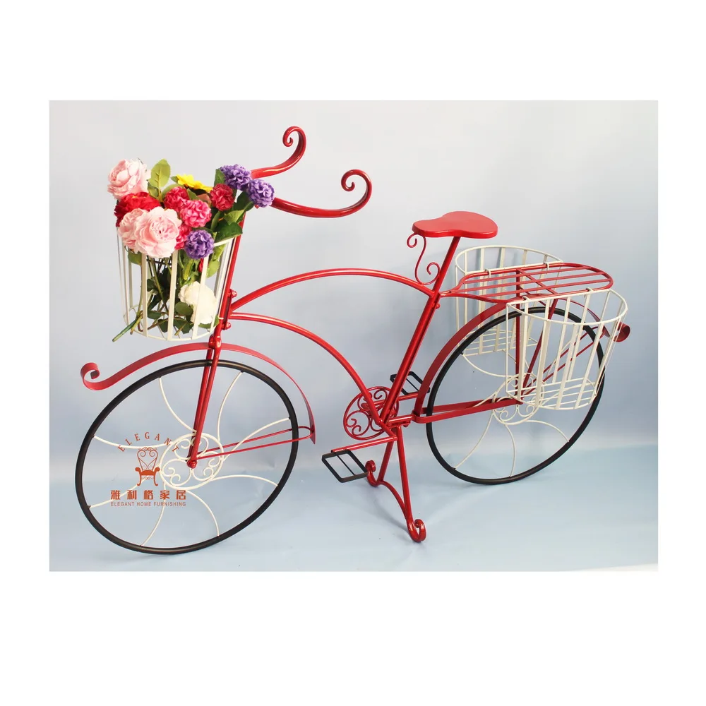 Iron Garden Metal Red Standing Plant Stand Bicycle Planter