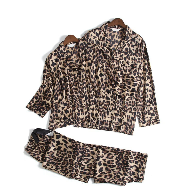 2023 New Silk Sleepwear Pajamas Set Silk Sleepwear Women 2PCS Men Leopard Print Solid Silk like Satin Pajamas