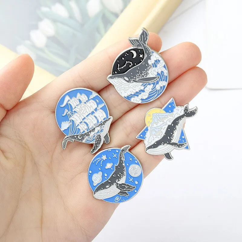 Sweet Fashion Woman Jewelry Gift Planet Moon Sea Wave Fish Round Alloy Brooch Badge Space Astronaut Whale Enamel Pins Custom