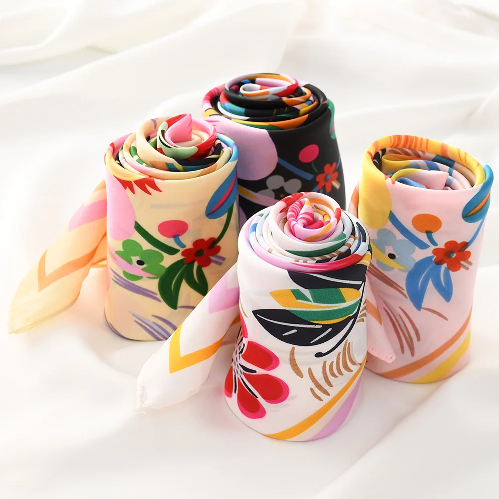 Wholesale Custom 70*70CM Large Square Flower Pattern Satin Silk Scarves
