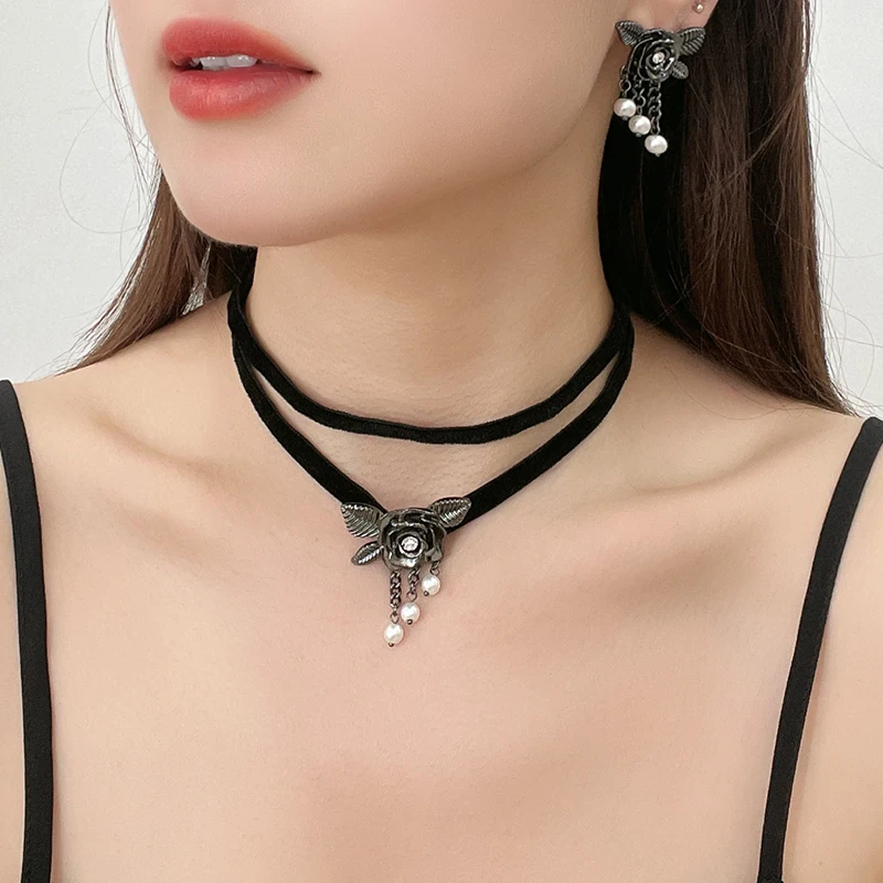 Original Design Vintage Black Romantic Women double layer black velvet choker Rose flower choker Necklace Wholesale
