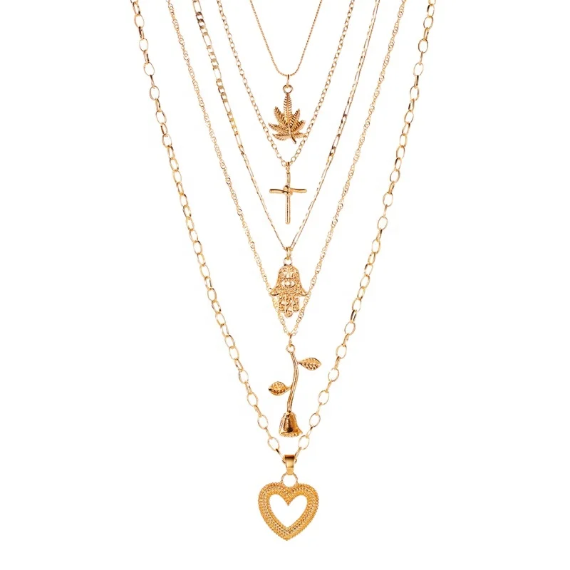 retro jewelry beautiful girlfriends gold heart rose cross leaf palm pendants multi layer necklace women
