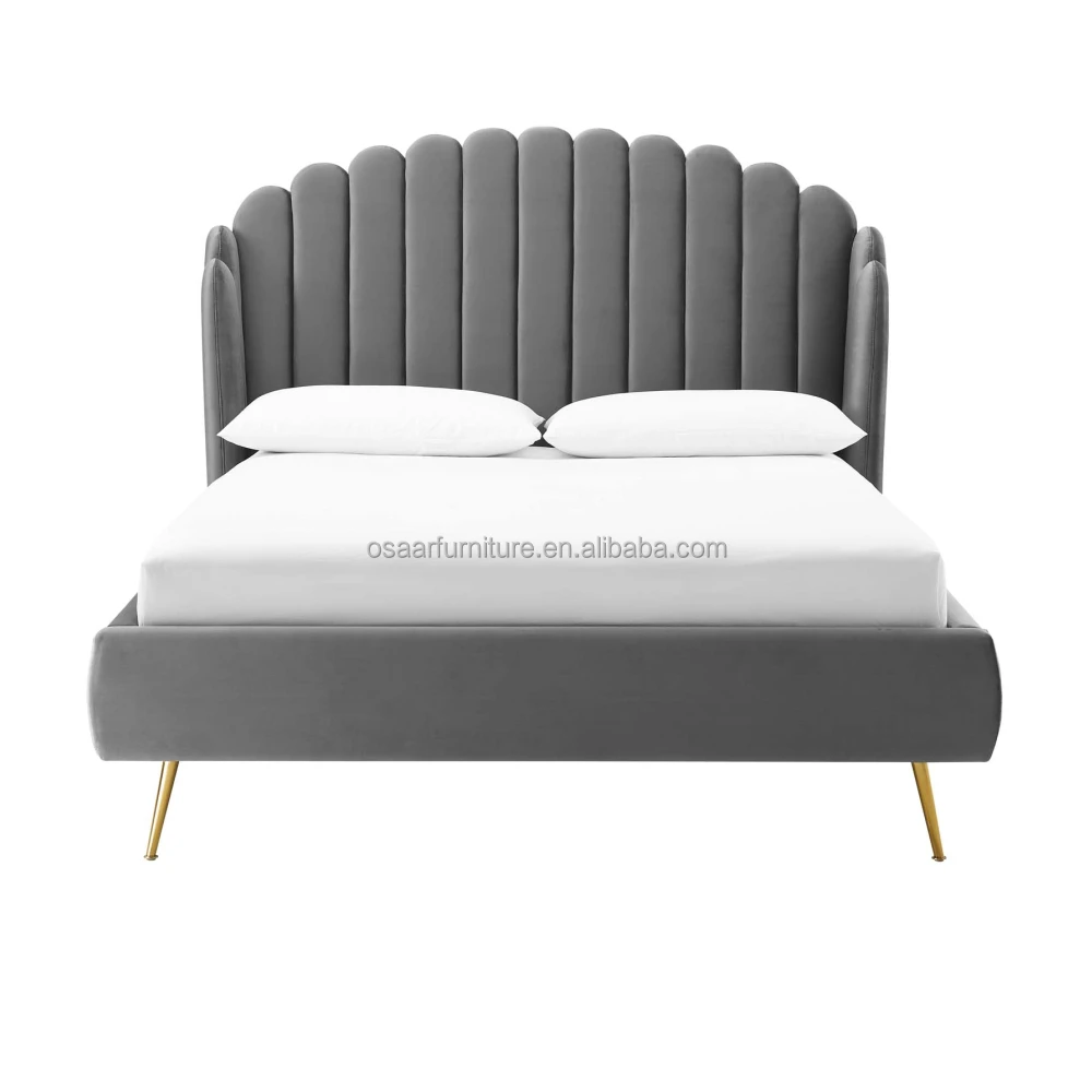 European Design Bedroom Furniture Gold Legs Grey Velvet Fabric Modern Queen Bed
