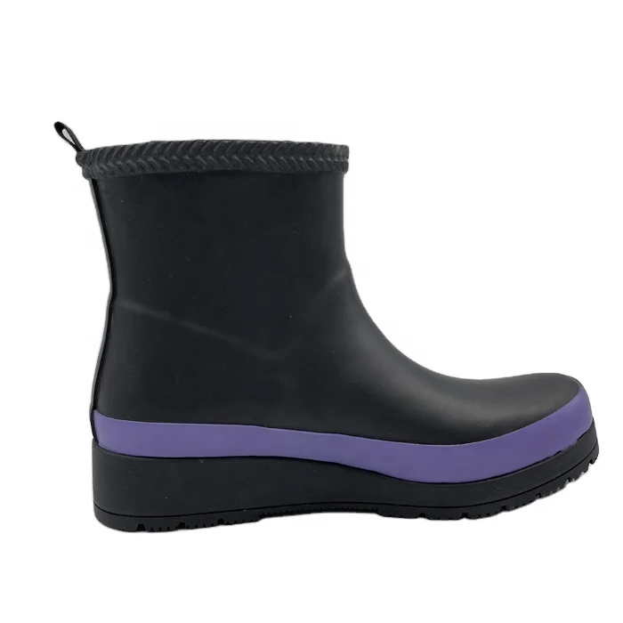 Customized Waterproof Black And Purple Color Matching Women Rubber Rain Boots Ladies Thick Sole Gumboots Wholesale