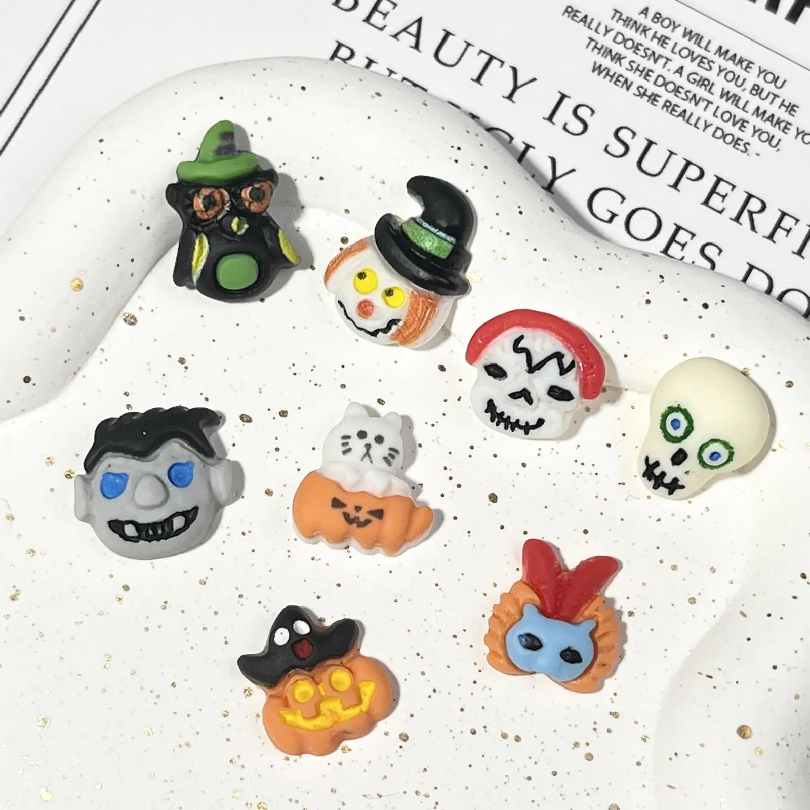 20pcs/Bag Kawaii Cartoon Halloween Skull Head Series 3D Art Decorations Macaron Nails Charms Designs DIY Resin Nail New