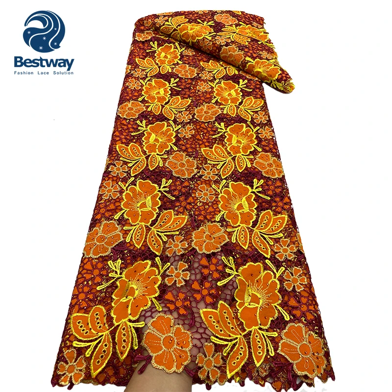 Bestway Yellow Guipure Cord Lace Fabric African Wedding Bridal Dress With Stones