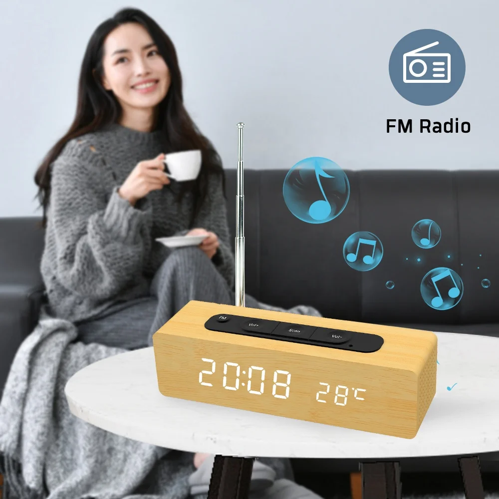 Бамбуковый Деревянный Мини Портативный Fm-Радио Цифровой Будильник светодиодные часы с отображением температуры даты