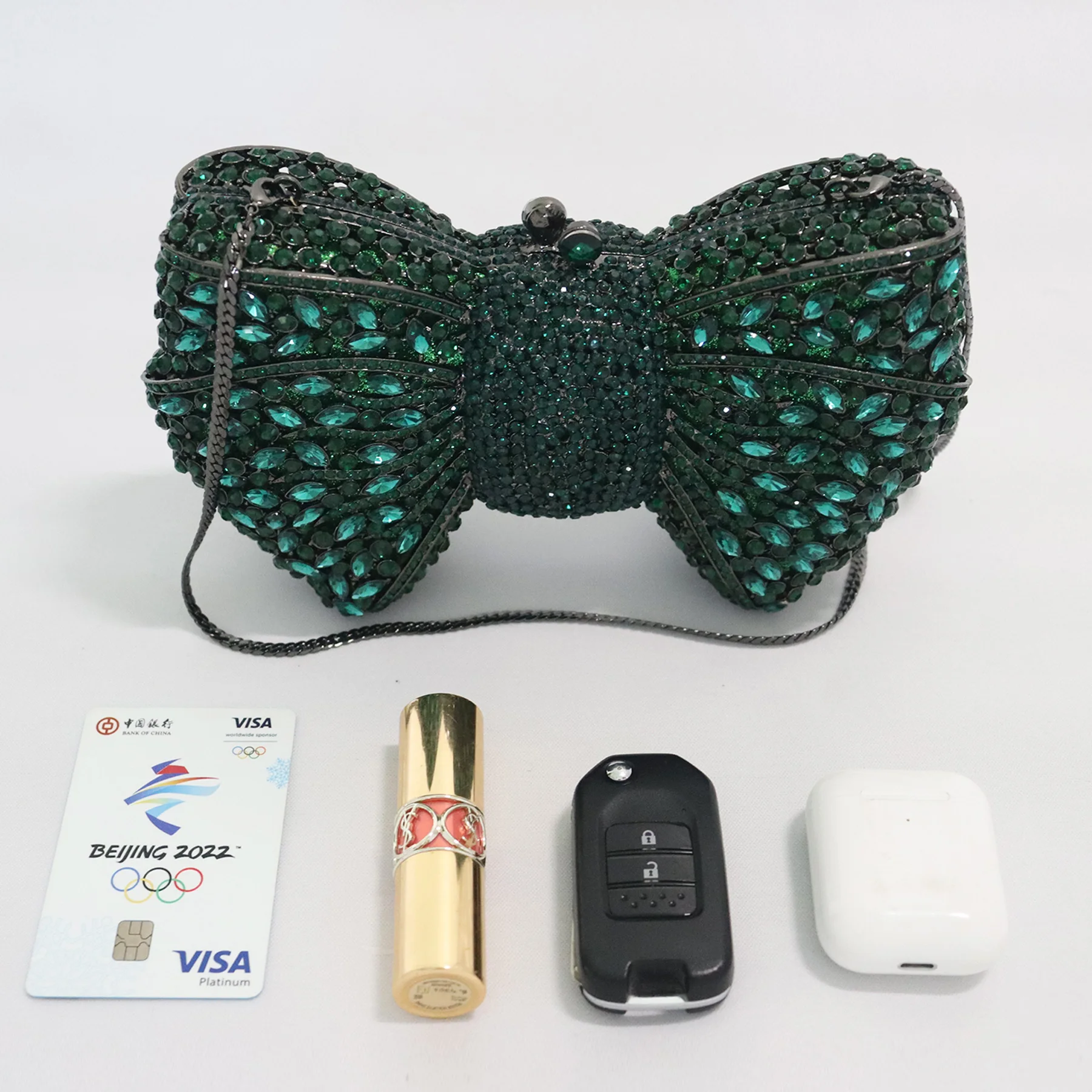 Custom Logo Rhinestone Evening Crystal Gown Purses Green Bow Clutch Bow Shaped Bride Wedding Diamond Ladies Handbag for Women