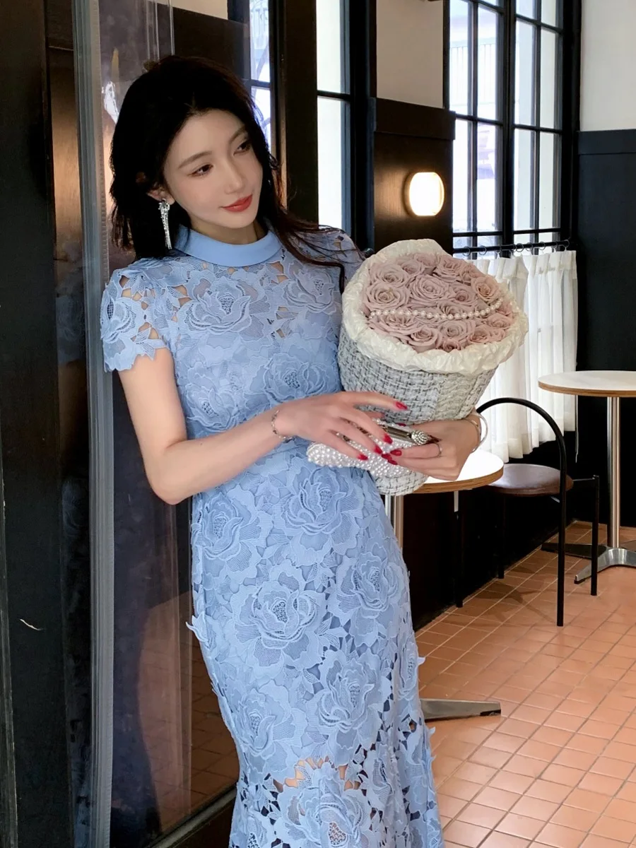 Fashion luxury Winter 2024 hot sales new 3D lace long blue women dress sexy hollow out slim party elegant evening dress
