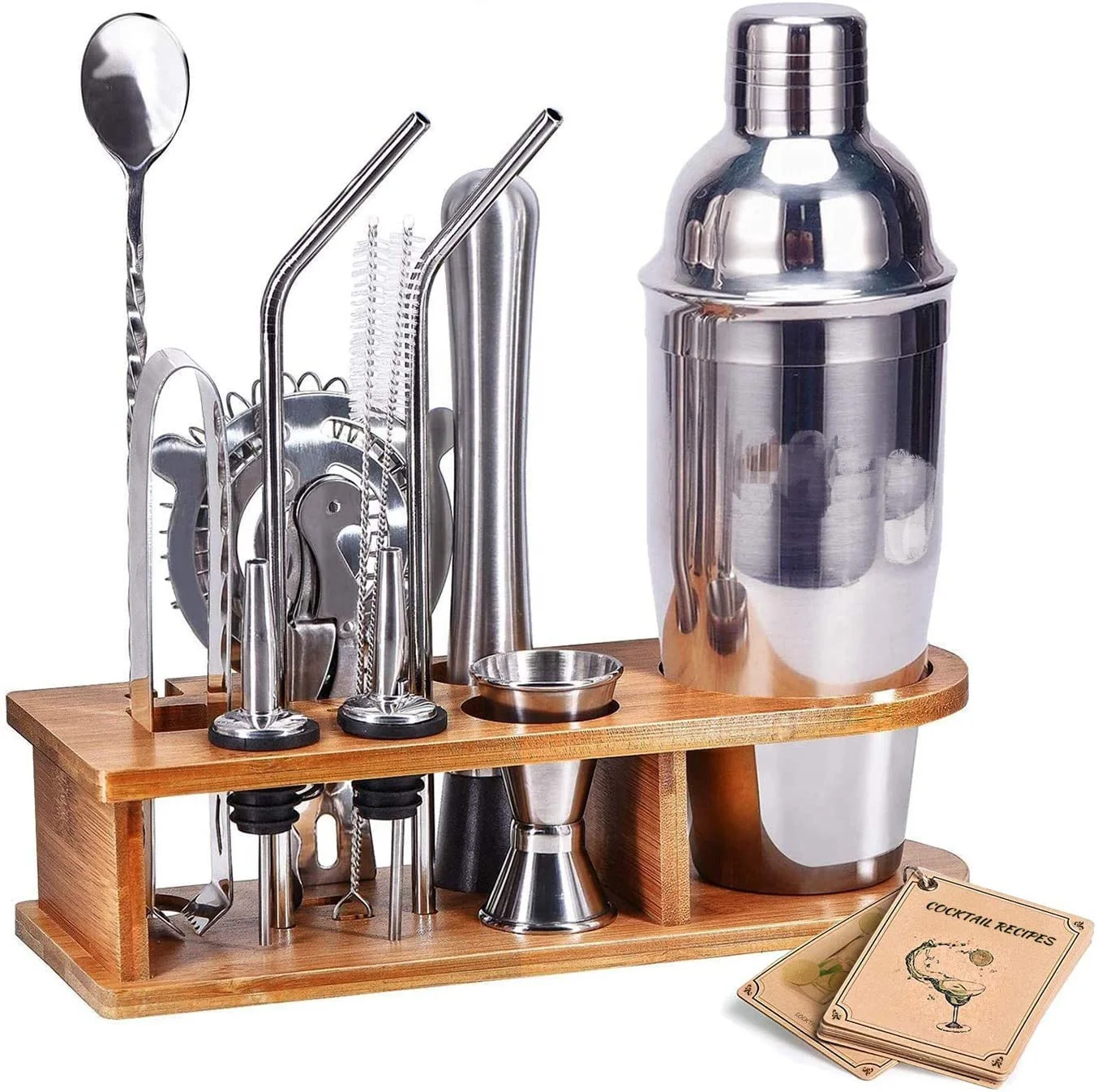 Camol Factory Bar Tools Shaker Bar Tools Set Factory Direct 15 Pieces Steel with Bamboo Wood Stand Bartender Cocktail Shaker