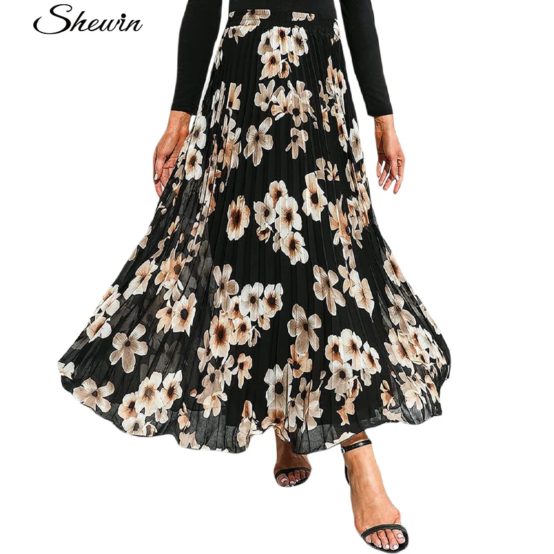 High Quality Fashion Floral Print Pleated Summer Women Maxi Long Skirt