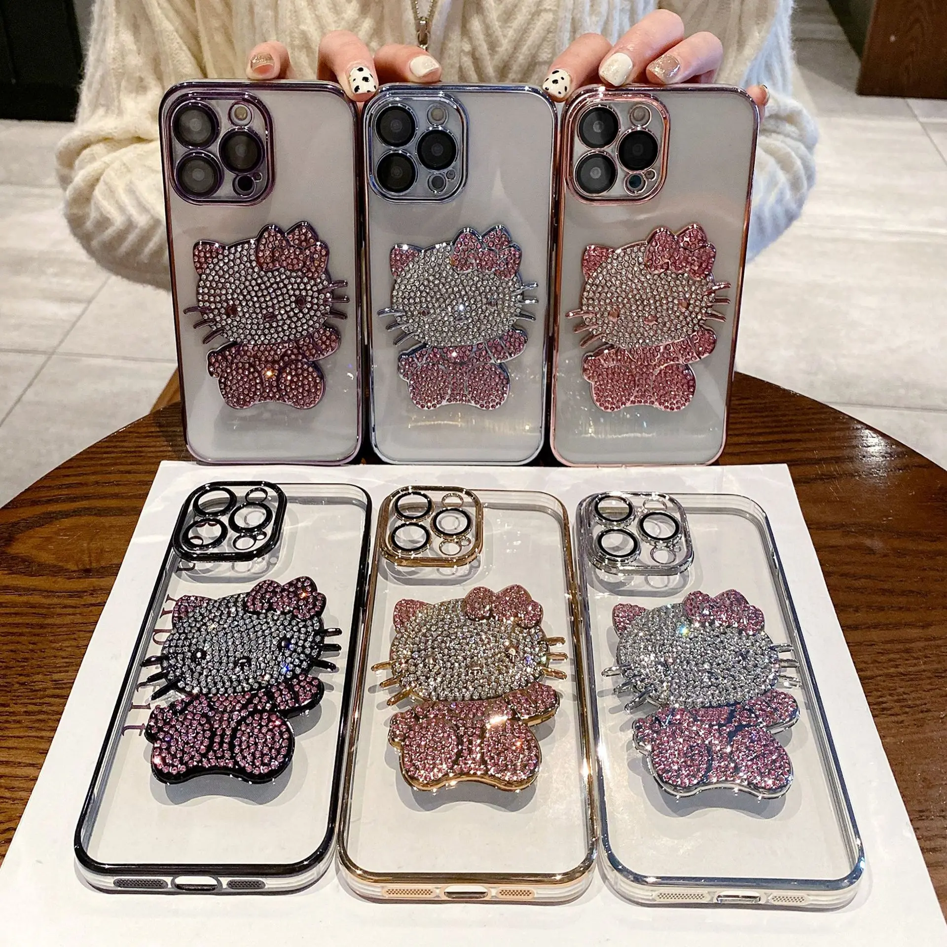 hello cute kitty Luxury diamond electroplating phone case for iphone Xr Xs 11 12 13 14 Pro Max Cell Cover