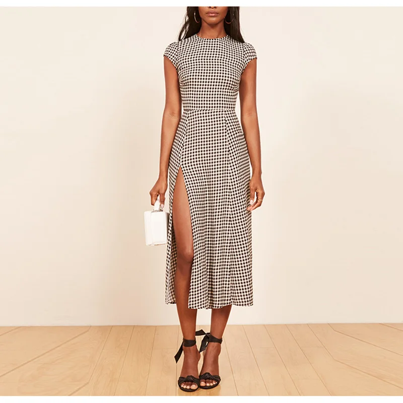 Женские длины миди с высоким круглым neckskirt с боковыми Тонкий облегающий лиф на обтянутые пуговицы на спине на шее без подкладки, свободный крой платье