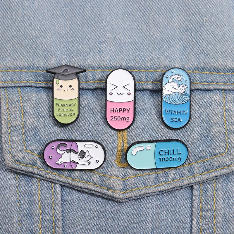 10 Styles Cartoon Funny Pharmacy School Survivor Metal Pins Custom Cat Happy Chill Pill Brooch Medical Enamel Lapel Badges Pin