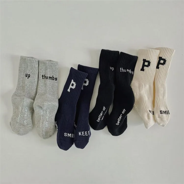 Korean Custom Logo Letters Teen Kid Tube Socks Non skid Kids 100% Cotton Socks