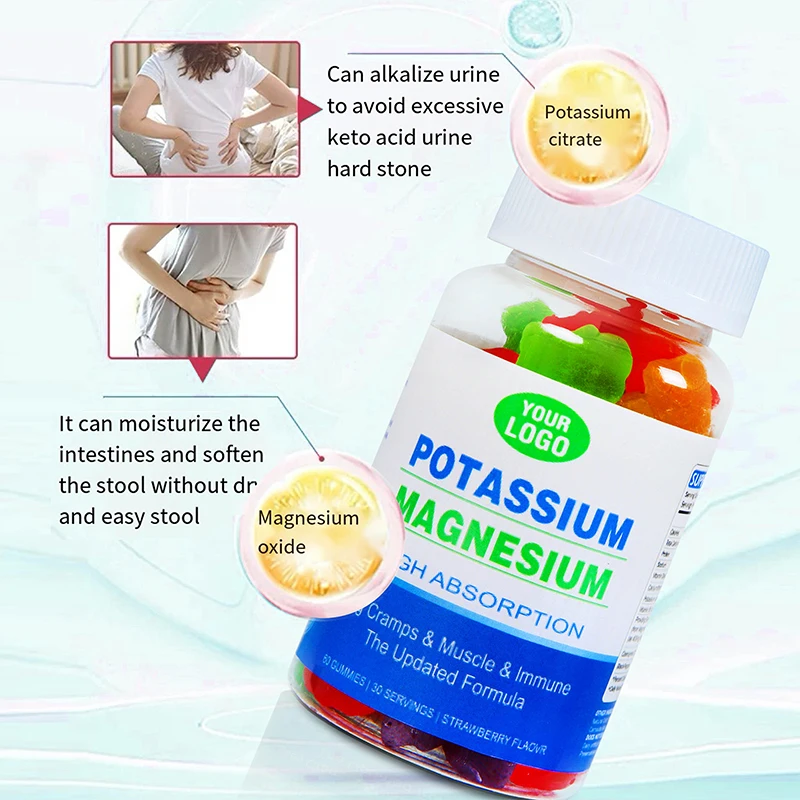 Custom Label Dietary supplement Vitamin D Immune System Vitamin B6 Promotes muscle relaxation  Potassium Magnesium Gummies