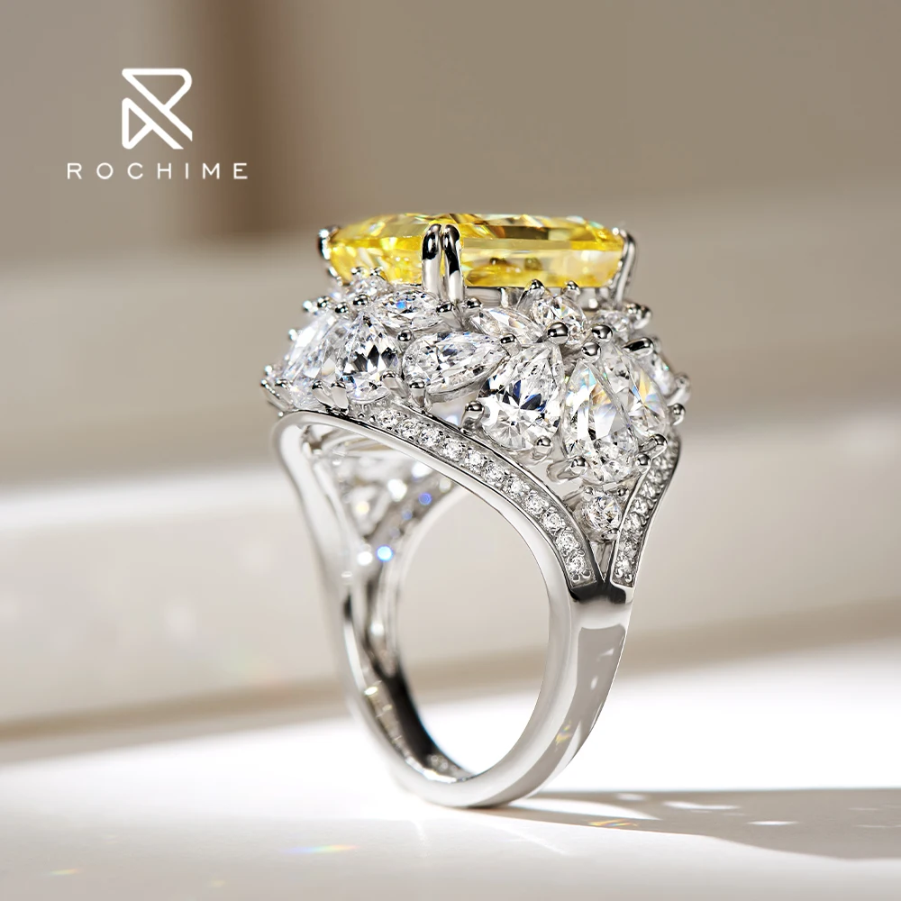 Rochime luxury  yellow gemstone cz diamond rings 925 sterling silver gold plated 5a zircon high quality fine jewelry trendy ring