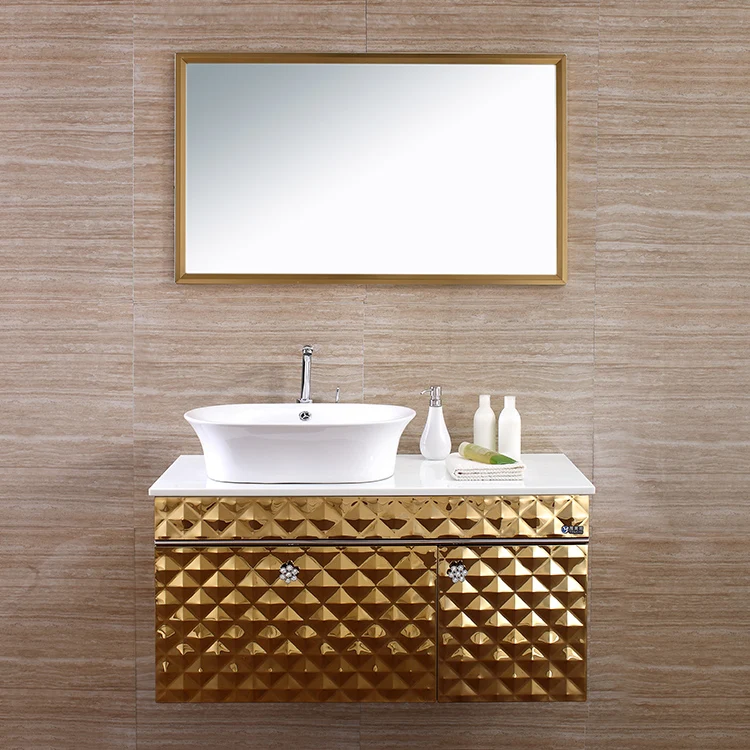 Luxury Royal Classic Gold Bathroom Waterproof Make Up Vanity Cabinet Units with Marble Countertop Single Sink for Home Furniture