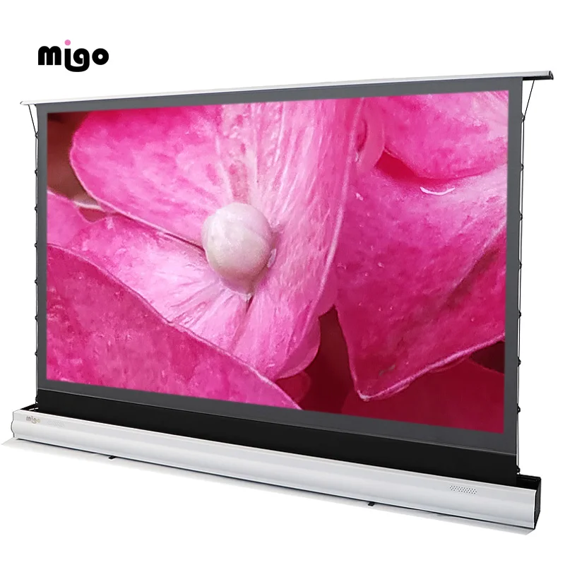 Migo  120inch electric motorized tab tesnion floor rising pull up alr screen with the PET crystal for the UST projector