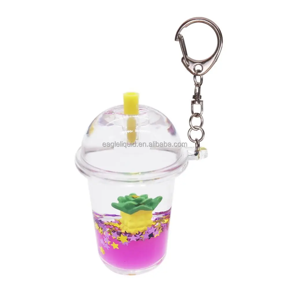 Wholesale acrylic keychains creative colorful floating fruit milk tea cup liquid acrylic shaker charm boba keychain