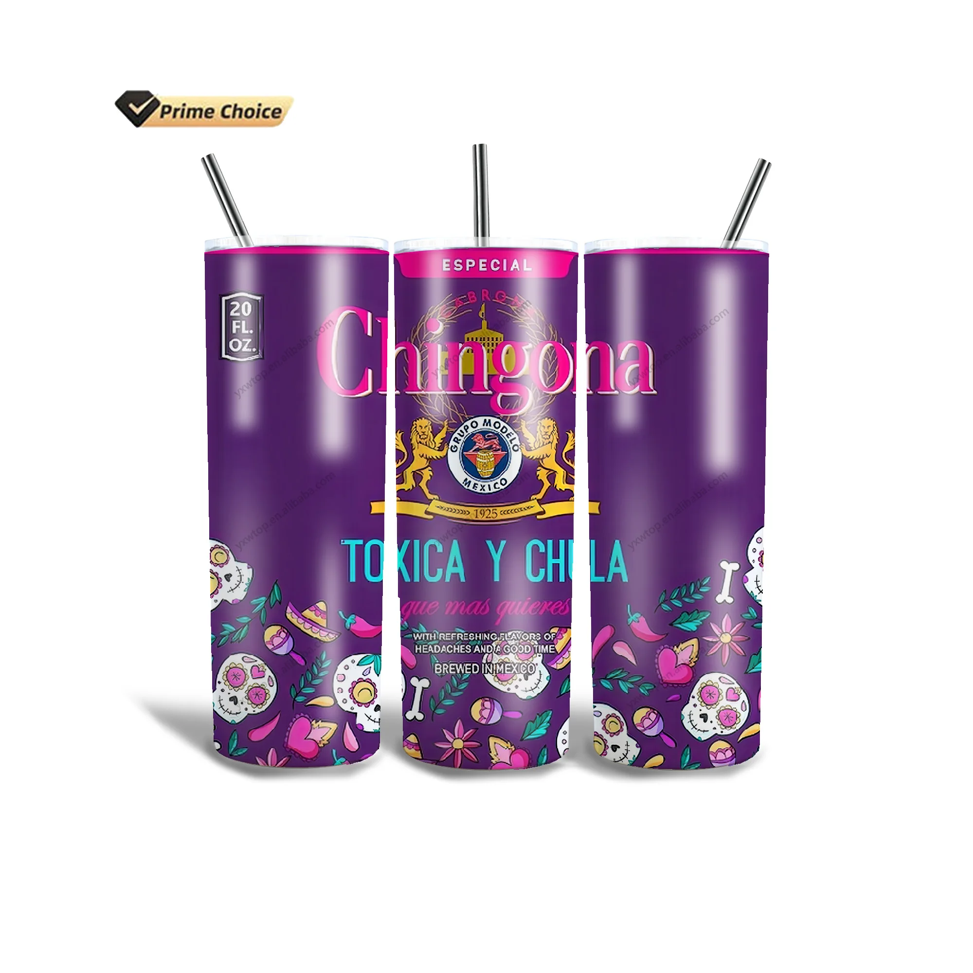 Custom Design Chingona Toxica Y Chula 20oz Insulated Stainless Steel Skinny Tumbler Travel Mug with Spill Proof Rubber Gasket