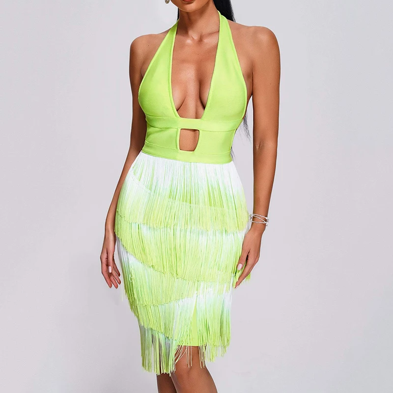 BA316 Bandage Dress Sexy Halter Sleeveless Tassel Backless Summer Bodycon Vestidos Elegant Club Party Evening Dresses
