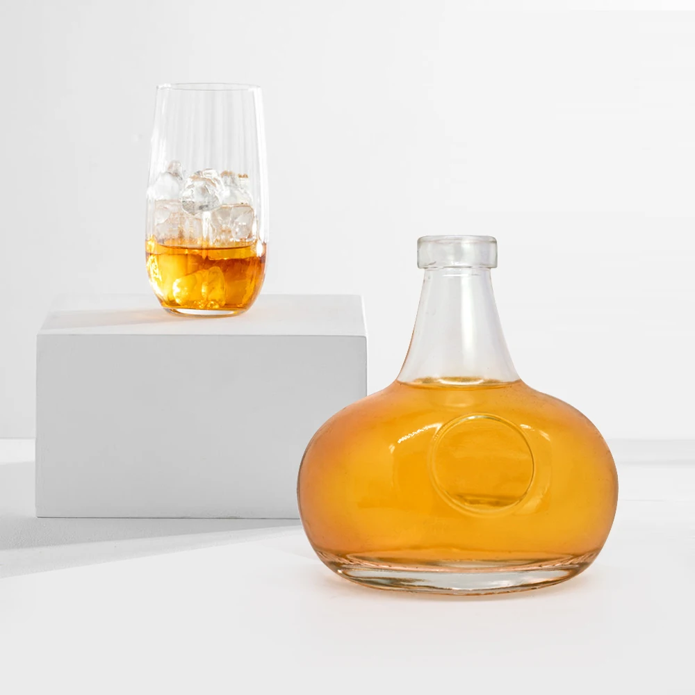 750ml empty clear color glass wine bottles with wood cork round whiskey vodka brandy spirits glass bottles