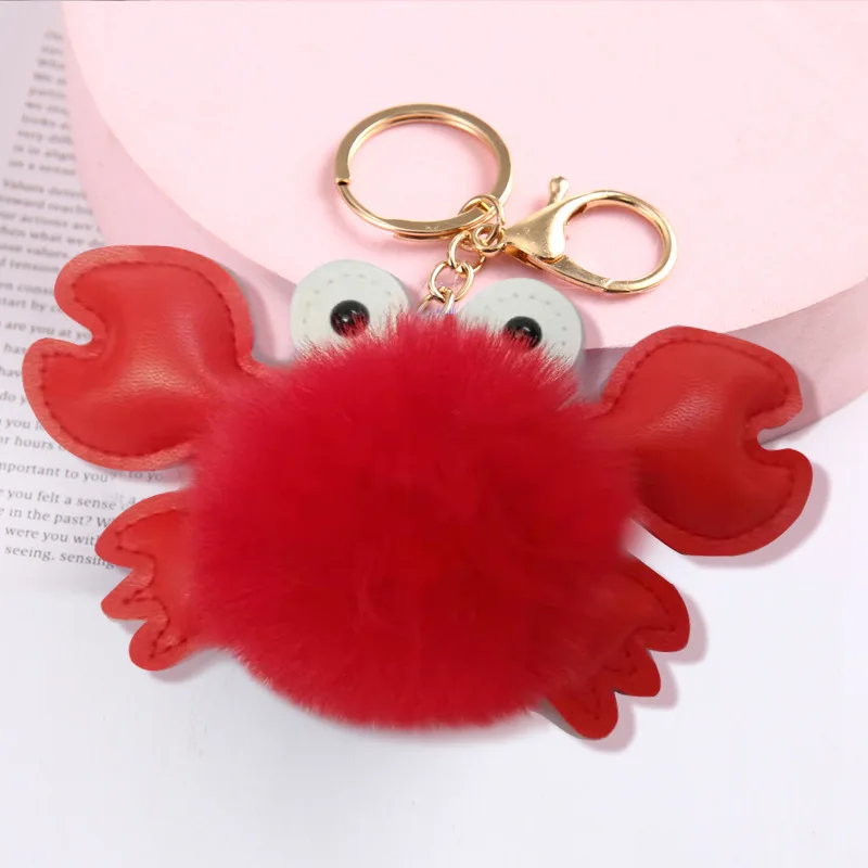 Wholesale Plush Animal Pom Pom ball Crab Keychain Fur Ball Furry Puff Ball Keychain
