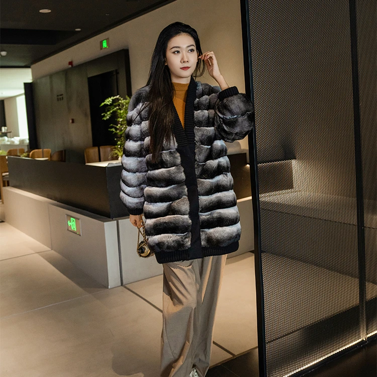 Factory Top Quality Cheap Women Winter Real Chinchilla Fur Coat Casual Style Fur Cardigan Ladies Real Chinchilla Fur Overcoat