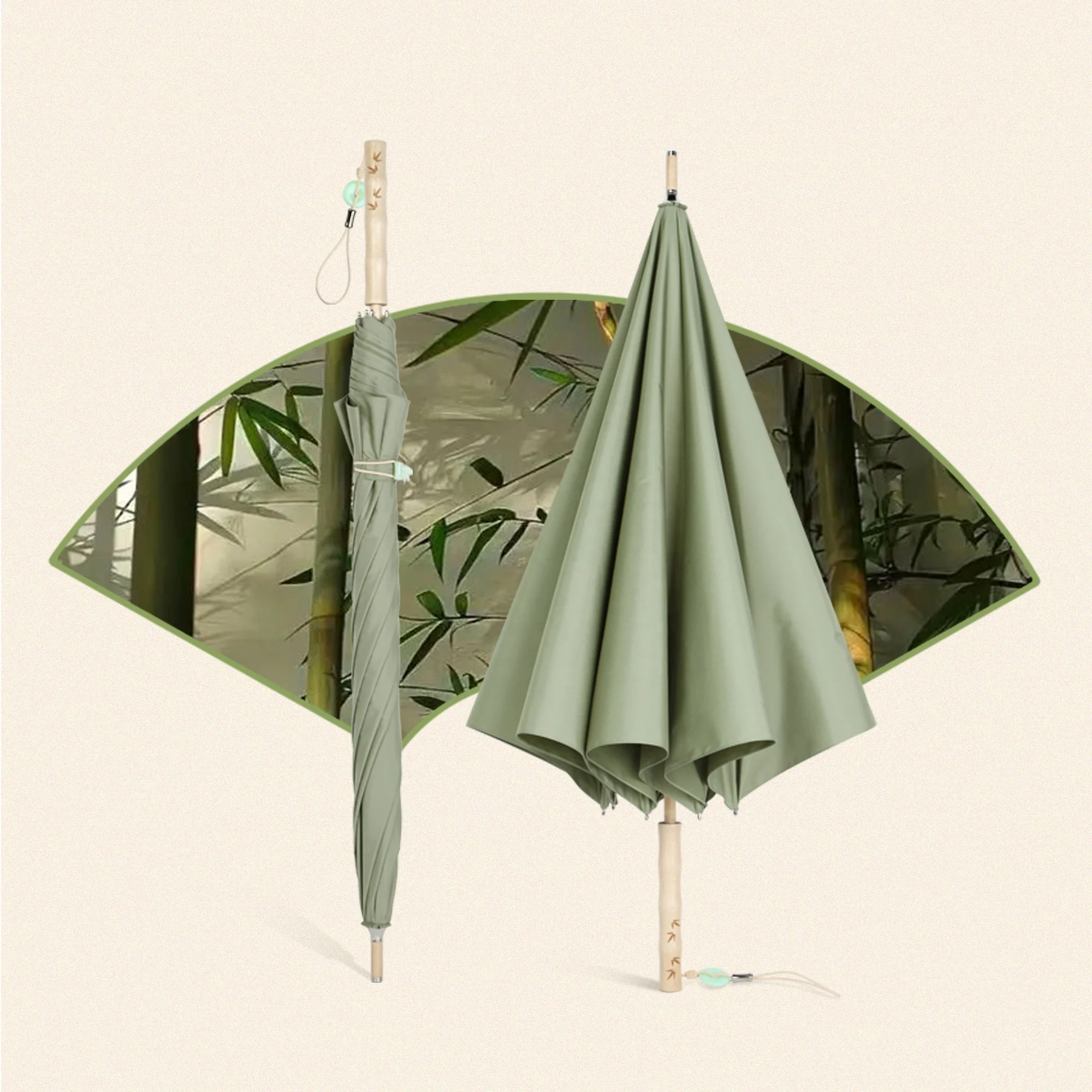 2024 New patent design bamboo shape solid wood handle watermark printing traditional chinese umbrella for cosplay