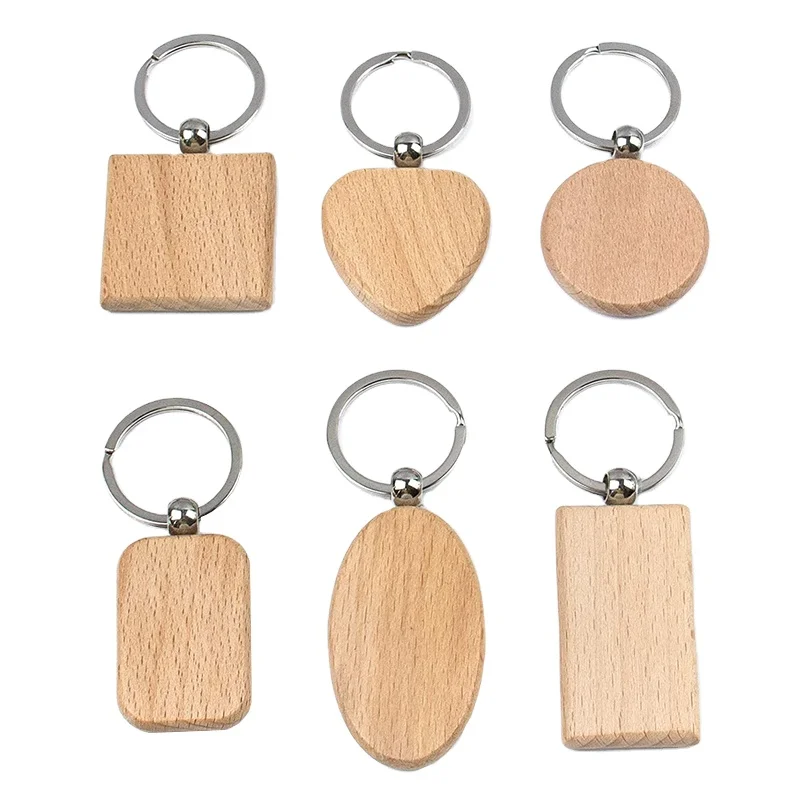 Custom Logo Personalized Engraved Blank Beech Wood Key Chain Tag Key Ring Wooden Keychain