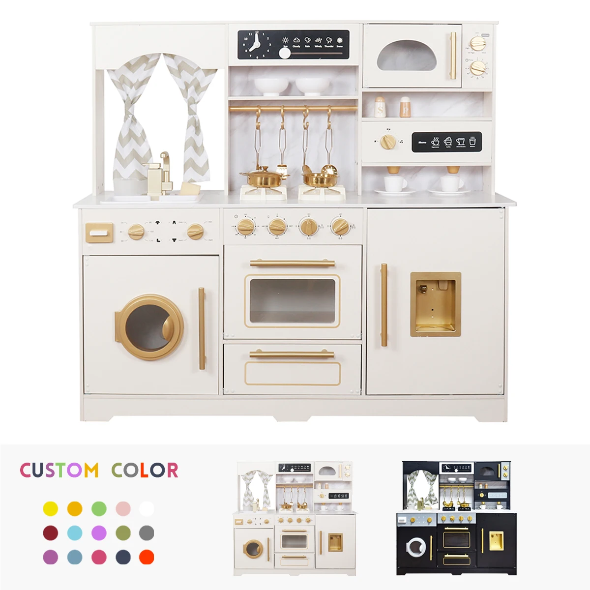 Wooden Kids Play Kitchen Toy Kitchen Set with Lights and Sounds,Ice Maker,Coffee Maker and running water W10C853