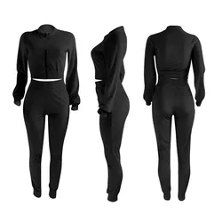 Wholesale Autumn/Winter Black Velvet Sports Crop Top Jacket For Women Leisure Jogging Velvet Trousers Tracksuits Two-piece Set