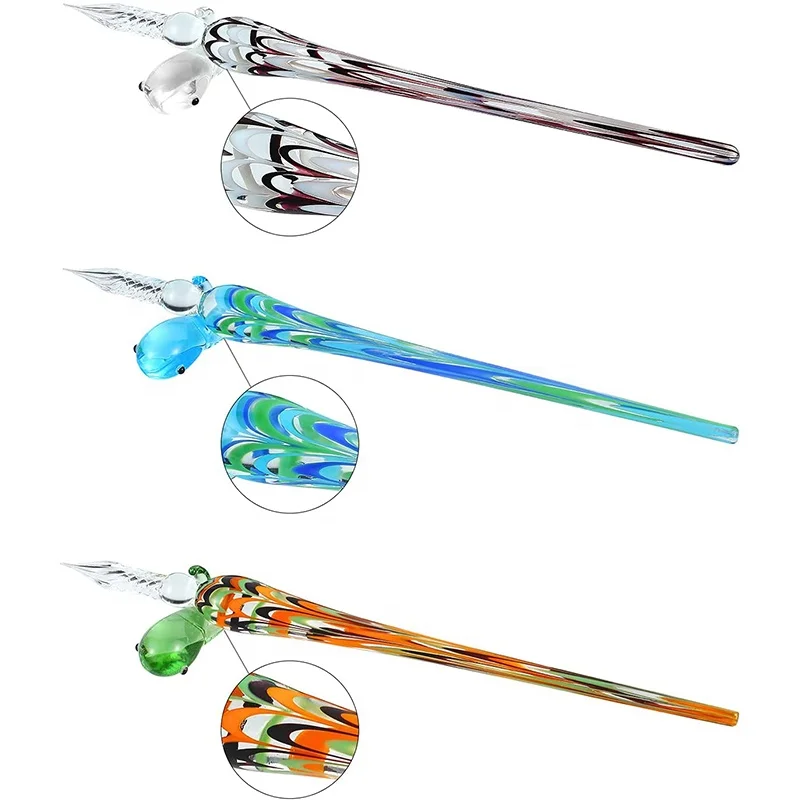 Wholesale Ribbon Glass Dip Pen Glass Handmade Peacock Tail Spiral Nib Tip Dip Pen with Penholder for Office Tableware Decor