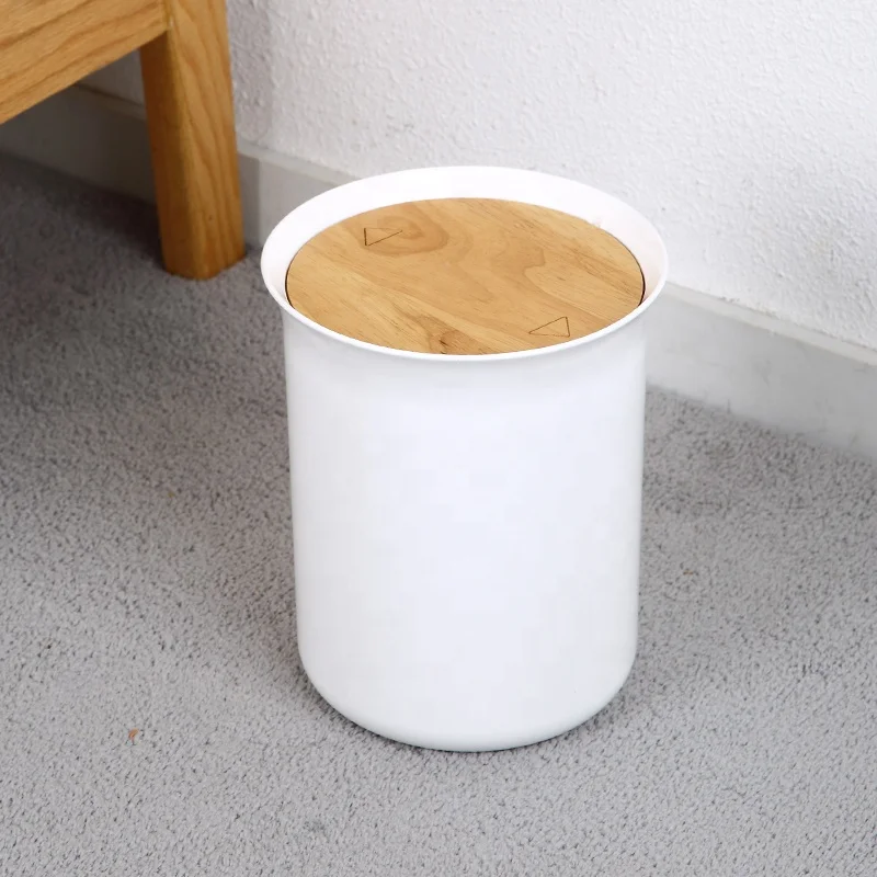 Nordic simple style standing rubbish paper small plastic waste bin cylinder withe PP trash bin with bamboo cover