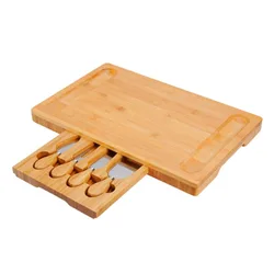 Bamboo Cheese Cutting Board Food Serving Tray Set Rectangle Shape Slide Draw Stainless Steel Cheese Knives Bamboo Snack Tray Set